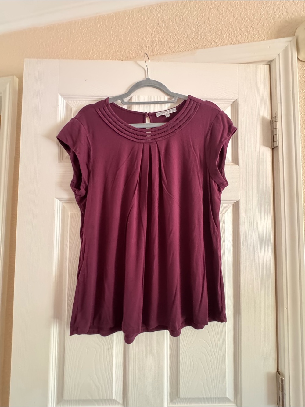 Daniel Rainn Plum Short Sleeve Pleated Neck Blouse